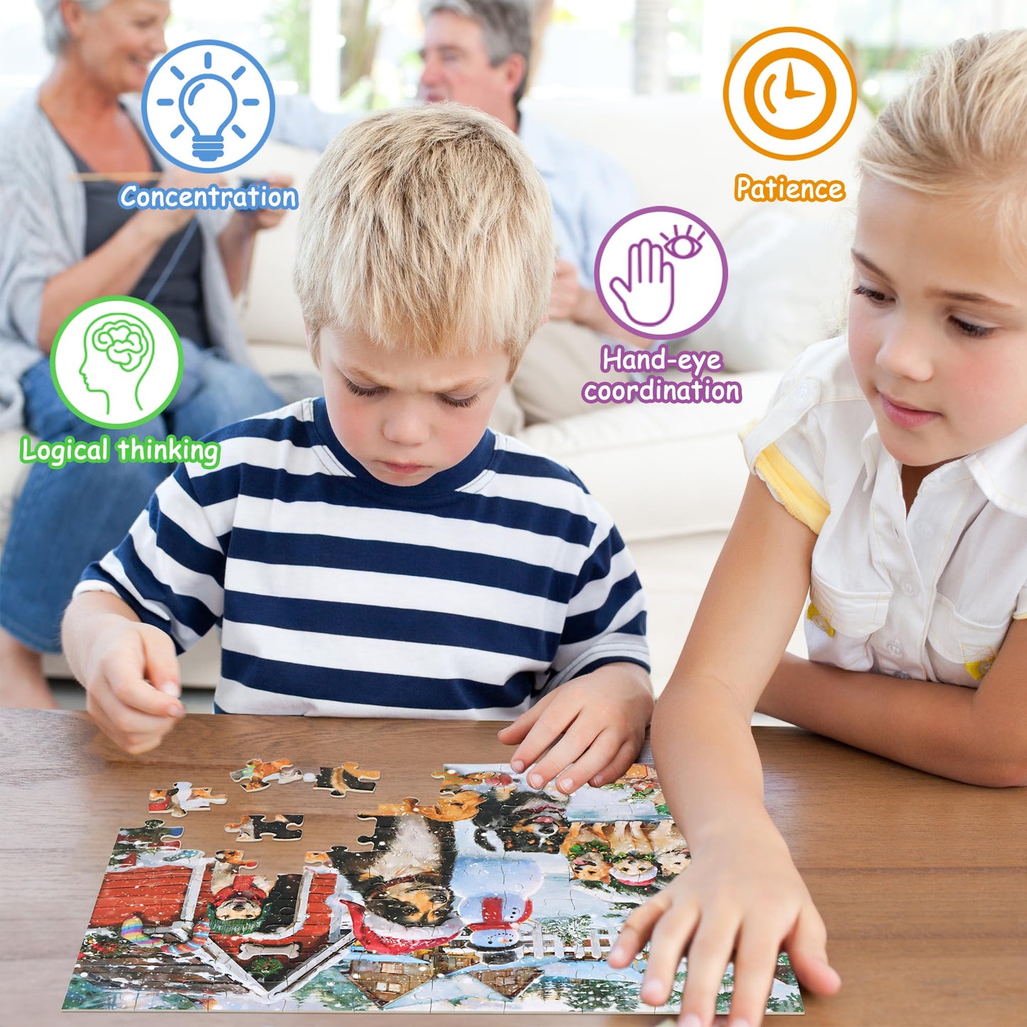 100 Piece Puzzles For Ages 4-8, Dogs Family Christmas Jigsaw Puzzle, Learning Educational Puzzle Toys For Girls And Boys, Xmas G