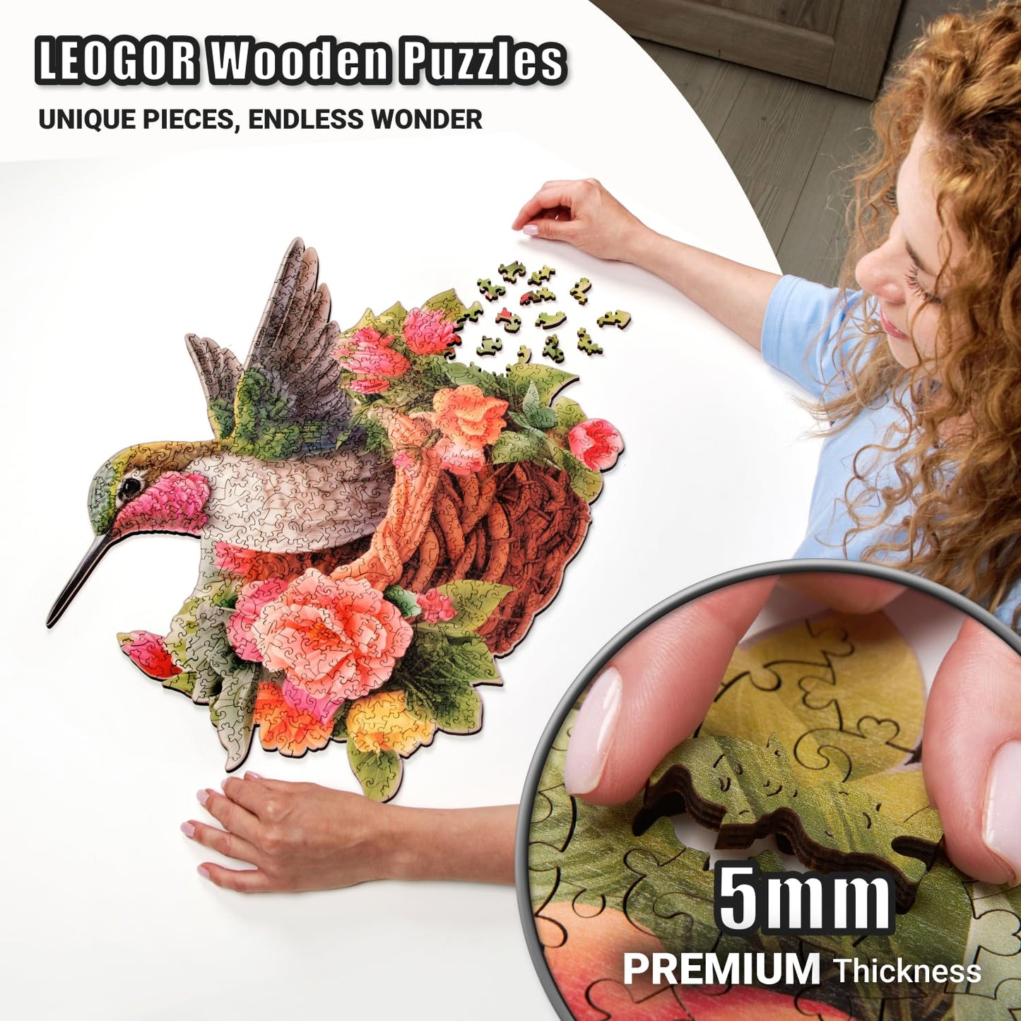 Wooden Puzzles For Adults 500 Piece - Hummingbird Puzzle – Unique Animal Shaped Pieces, Extra-Thick 5Mm Wood, Challenging & Fun Jigsaw For Puzzle Enthusiasts By Leogor, Xl Size 21.1' X 17.7'