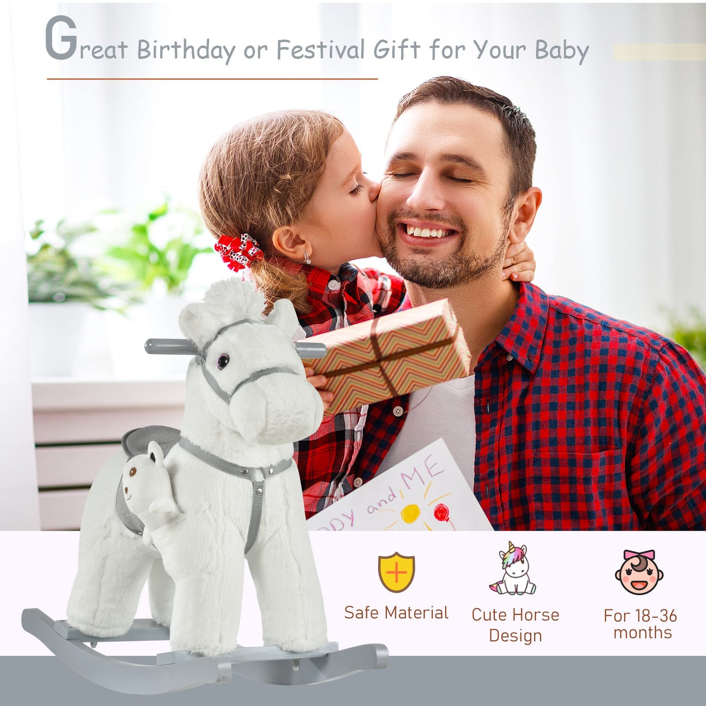 Qaba Kids Plush Ride-On Rocking Horse With Bear Toy, Children Chair With Soft Plush Toy & Fun Realistic Sounds, White