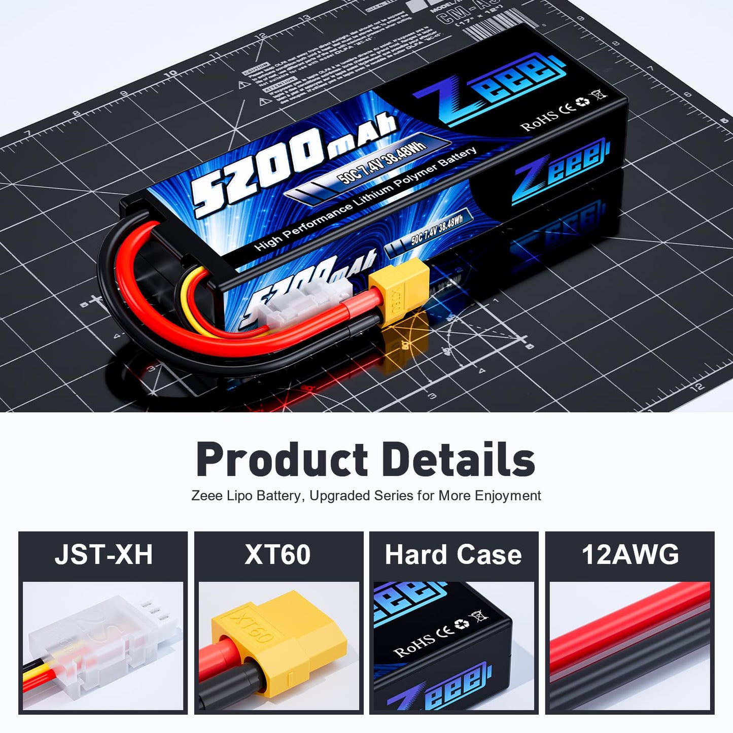 Zeee 2S Lipo Battery 7.4V 5200mAh 50C Battery with XT60 Plug Hard Case for 1/8 1/10 RC Vehicles Car Slash RC Buggy Truggy RC Air