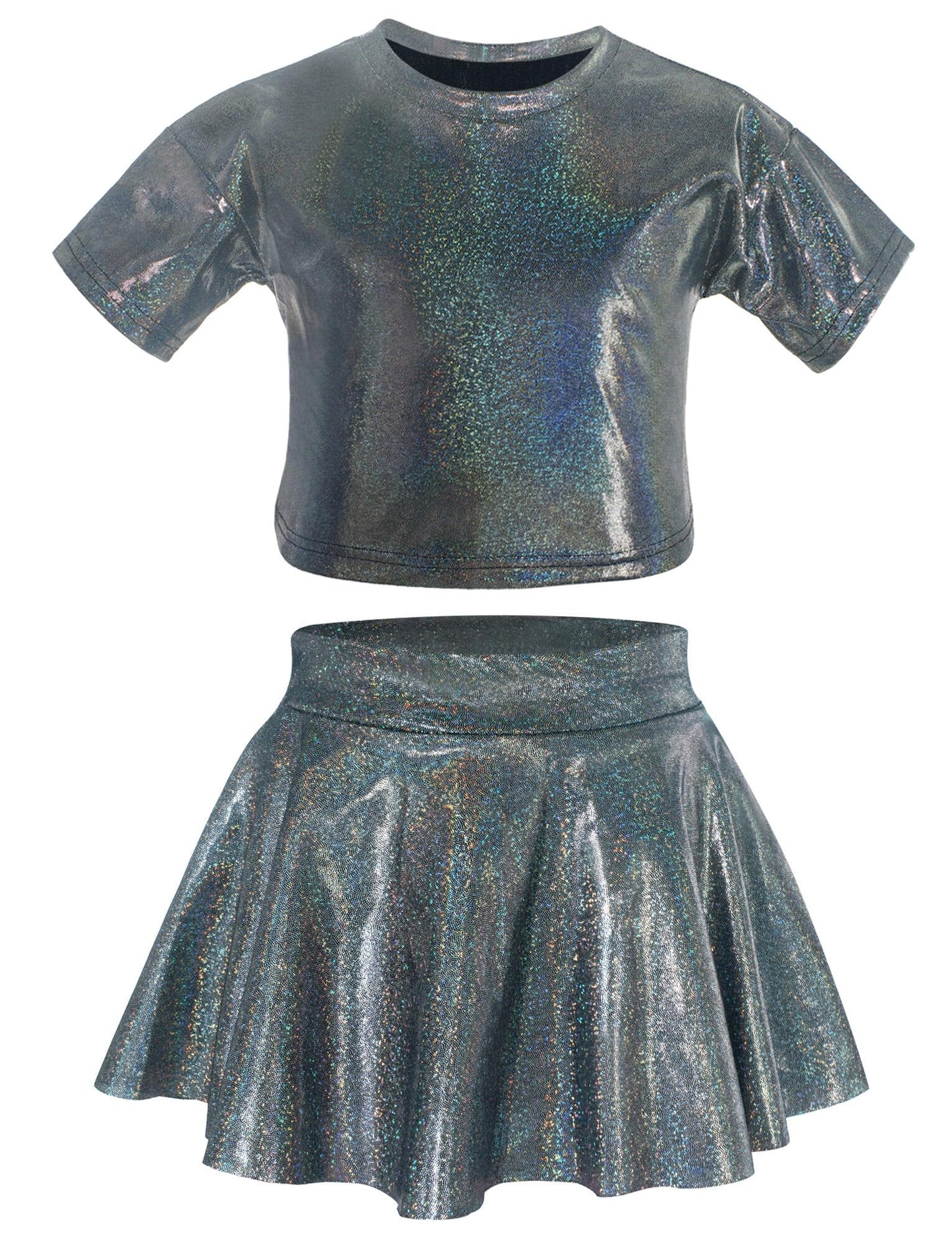 Happy Cherry 2Pcs Kids Girls Shiny Metallic Short Sleeve Crop Top With Pleated Skirt Set Dancewear Performance Costumes Black 10
