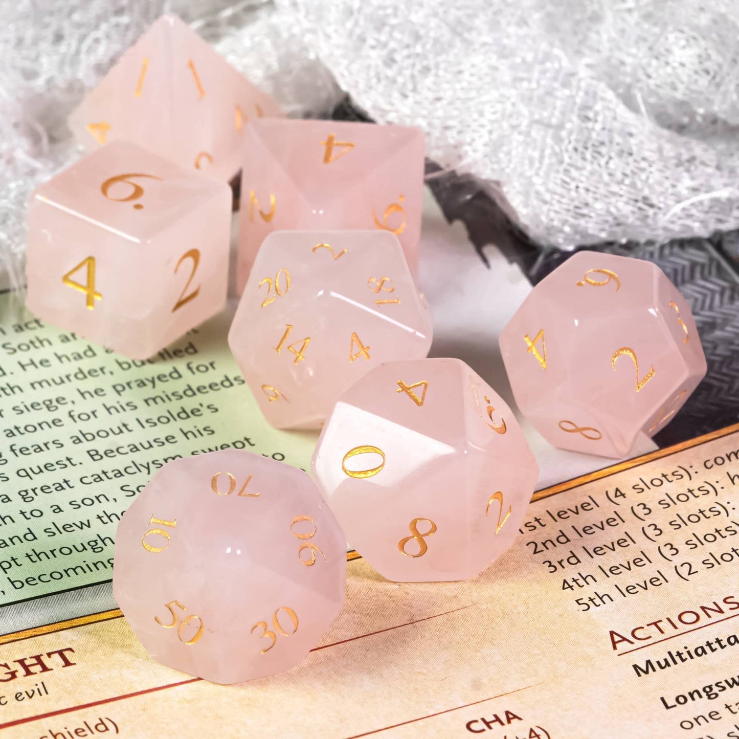 UDIXI Stone Dice Set D&D 7PCS Gemstone Dice Polyhedral DND Dice with Gift Case for Dungeons and Dragons Role Playing Games(Rose