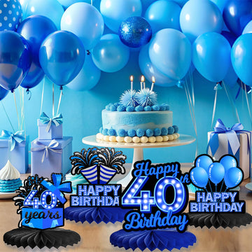 Happy 40th Birthday Honeycomb Centerpieces 9Pcs Stylish Sophisticated Blue Neon Theme Table Decor for Boys Girls Birthday Party
