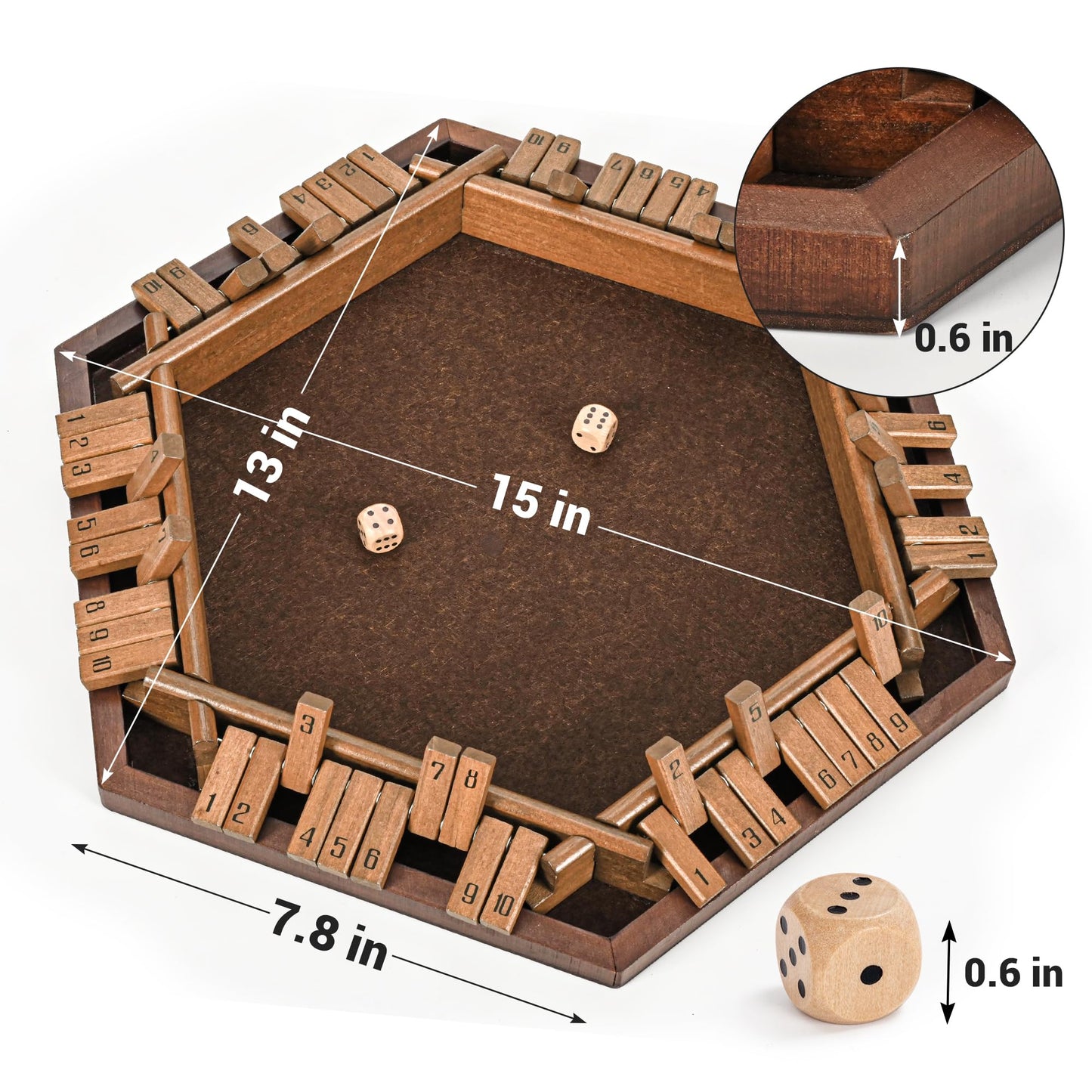 ropoda 6-Way Shut The Box Game - Wooden Dice Game for 1-6 Players, Vintage Style, Fun for Adults and Kids, Brown Color