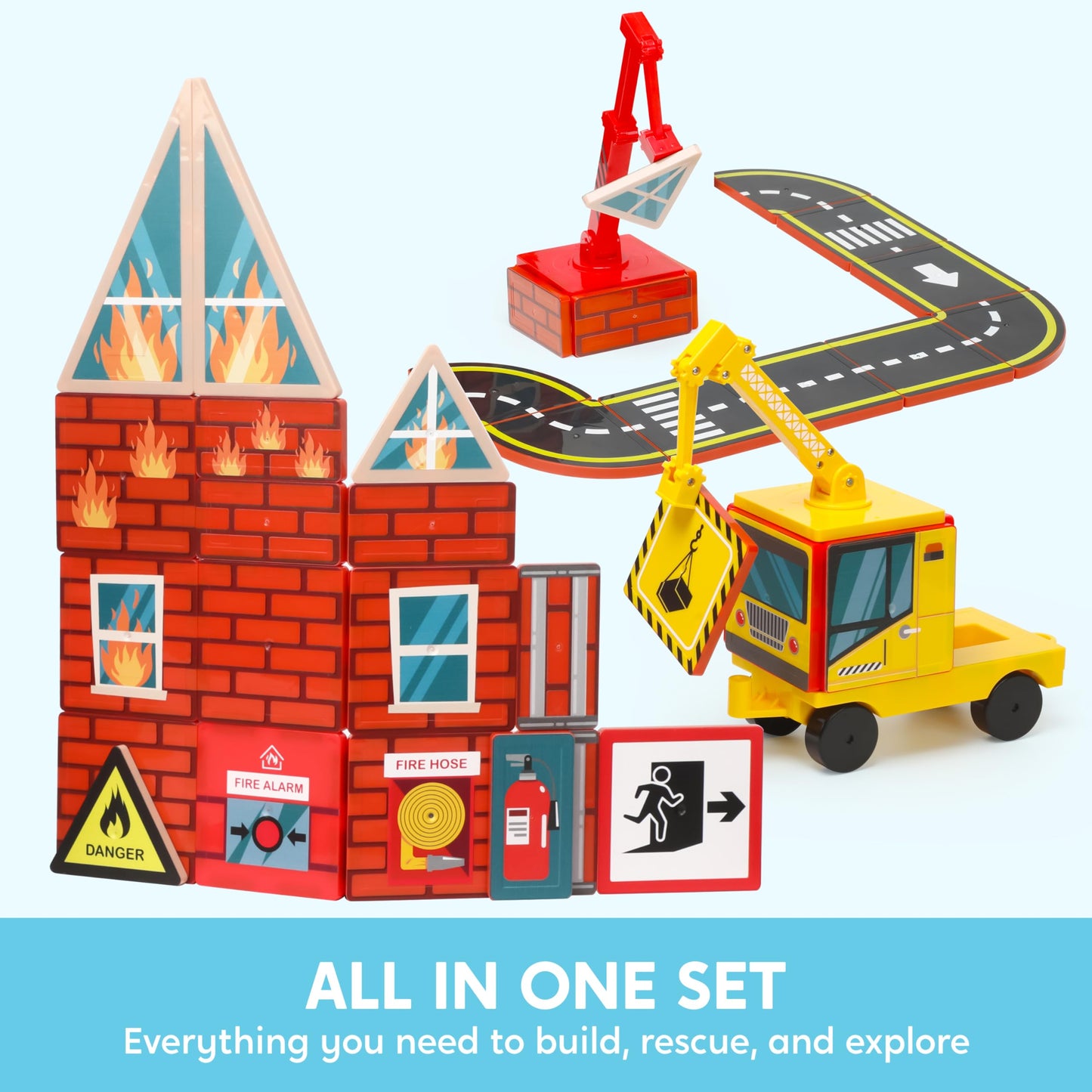 Syncfun 40Pcs Magnetic City Rescue Set For Kids - Dual-Theme Construction & Firefighting Scenarios, Including Vehicles & Cranes,