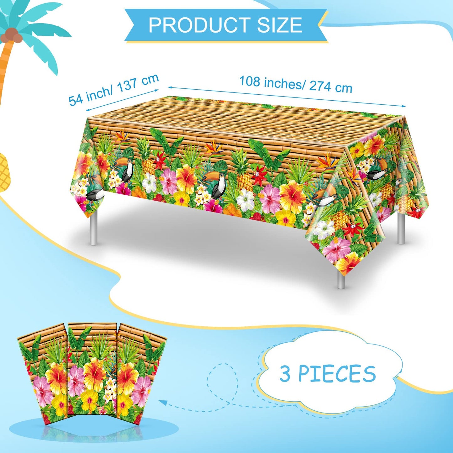 Frienda Tiki Tablecloth Tiki Decorations Luau Table Cover Hawaiian Party Plastic Table Cloth Disposable Tiki Totem Decor For Hawaii Beach Tropical Decoration Supplies Aloha (Modern Style, 3 Pieces)