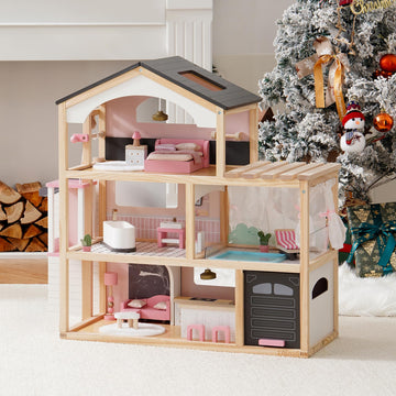 Robud Wooden Dollhouse, 6 Rooms Wooden Doll House With 29Pcs Furniture Set, Working Elevator, Garage, Swimming Pool, Ideal Gift