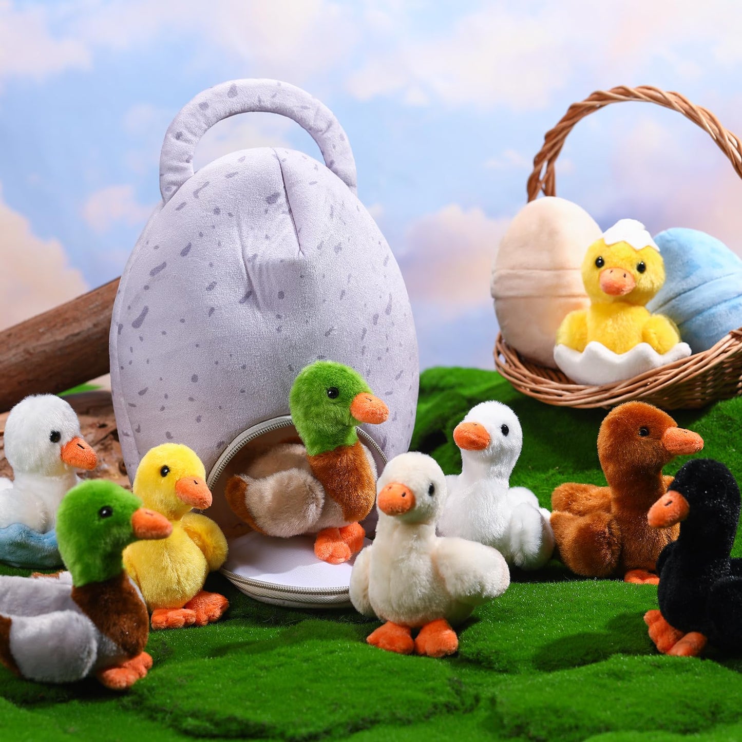 Hydren 13 Pcs Valentine Plush Ducks Chicken Stuffed Animals Bulk For Girls Boys Small Cute Plush Toy And Egg Bag Set For Easter