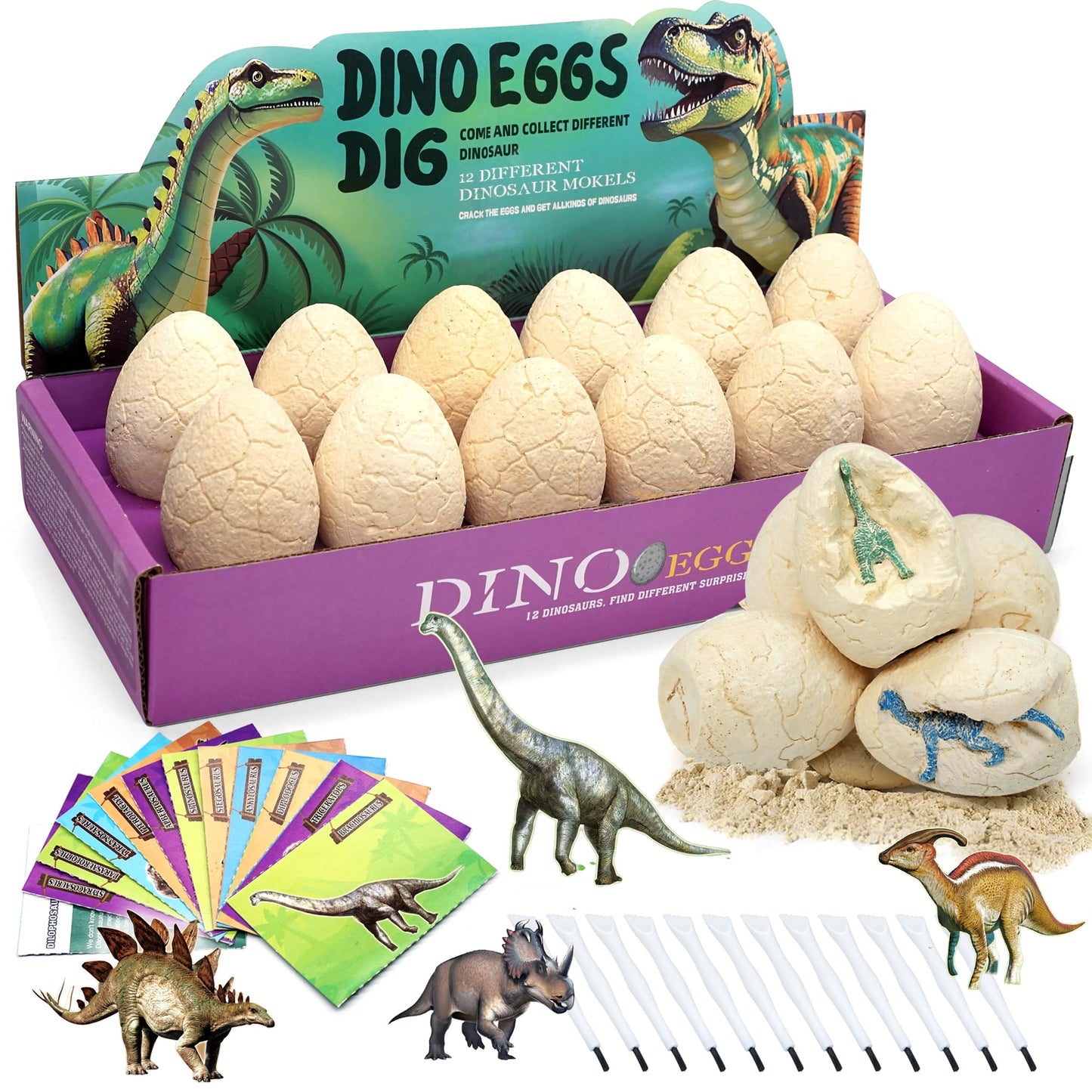 Dino Egg Dig Kit For Kids - Dinosaur Toys 12 Eggs, Dinosaur Fossils Digging Kit, Educational Learning Cards Easter Excavation To