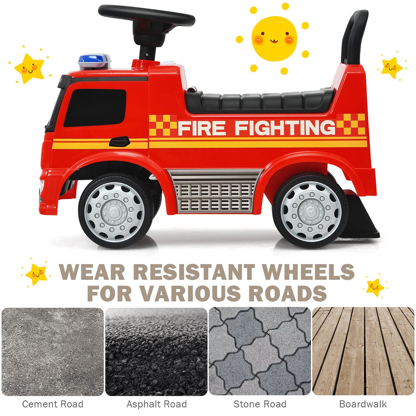 Honey Joy Ride On Push Car, Licensed Mercedes Benz Push Cars For Toddlers W/Horn, Music, Lights, Under Seat Storage, Foot-To-Floor Ride On Fire Truck Toy For Kids Boys Girls 1-3, Red