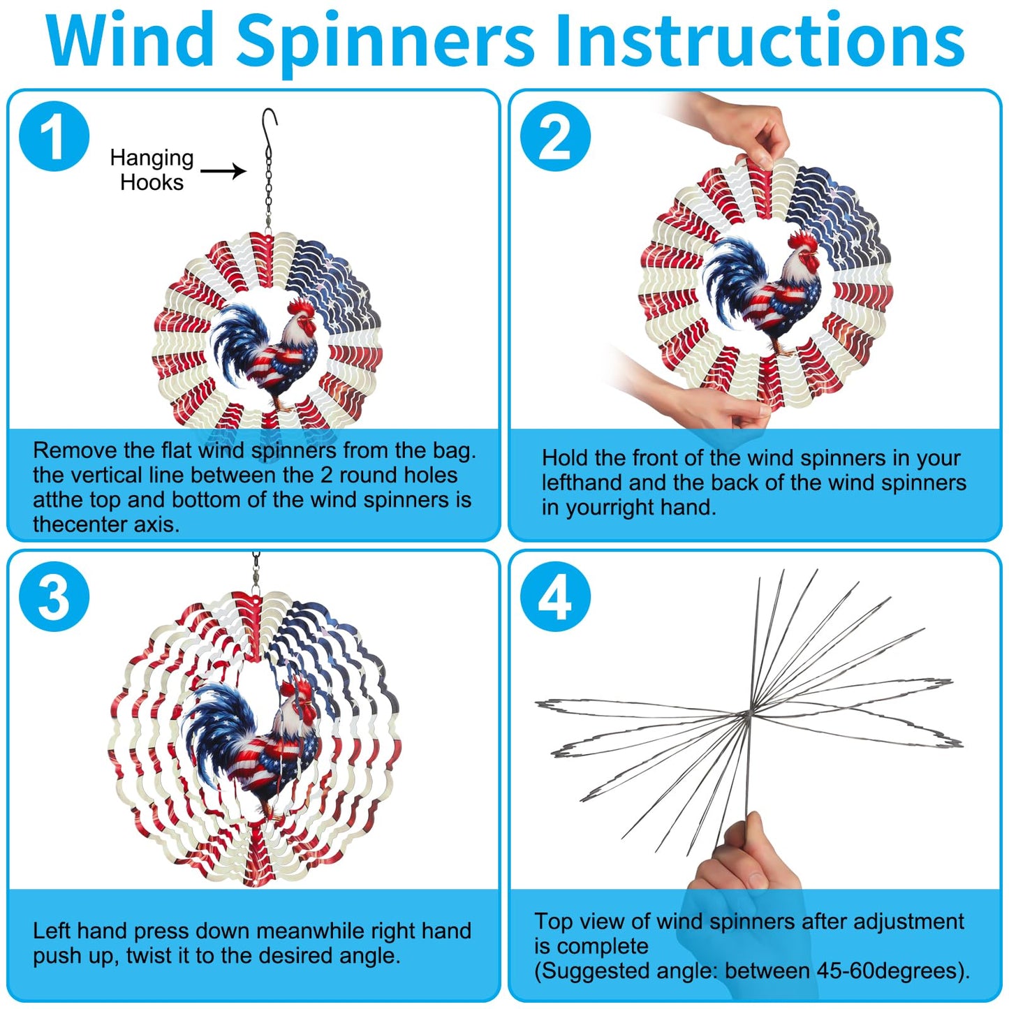 Rooster Metal Wind Spinners For Outdoor,Birthday Gifts For Women Mom Grandma, 12 Inch Garden Decor American Flag Wind Spinner Bi