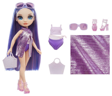 Rainbow High Swim & Style Violet, Purple 11' Fashion Doll With Shimmery Wrap To Style 10+ Ways, Removable Swimsuit, Sandals, Fun Play Accessories, Great Toy Gift For Girls Kids Ages 4-12 Years