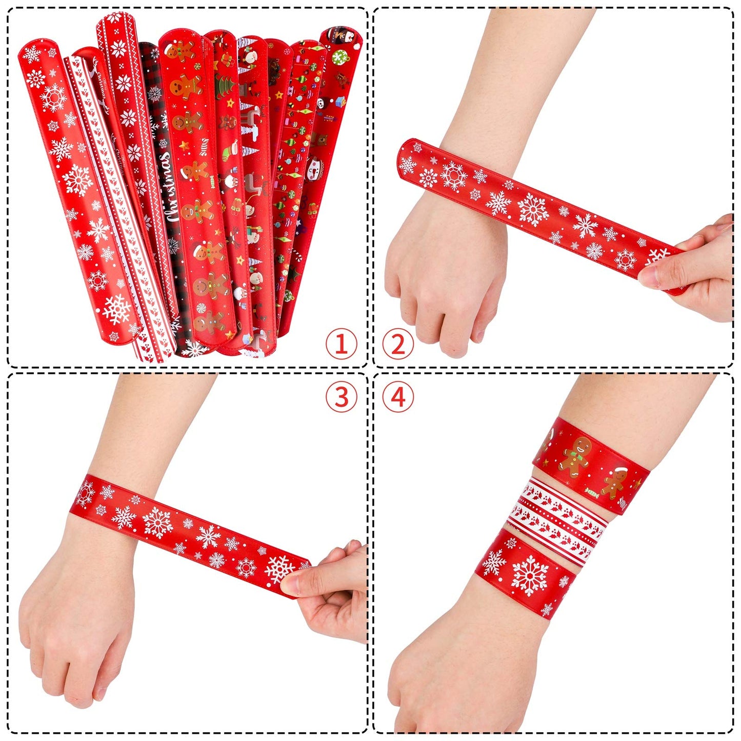 Elcoho 60 Pack Christmas Slap Bracelets Toys Xmas Slap Bands Santa Claus Snowman Reindeer Slap Wristband for Christmas Party Fav