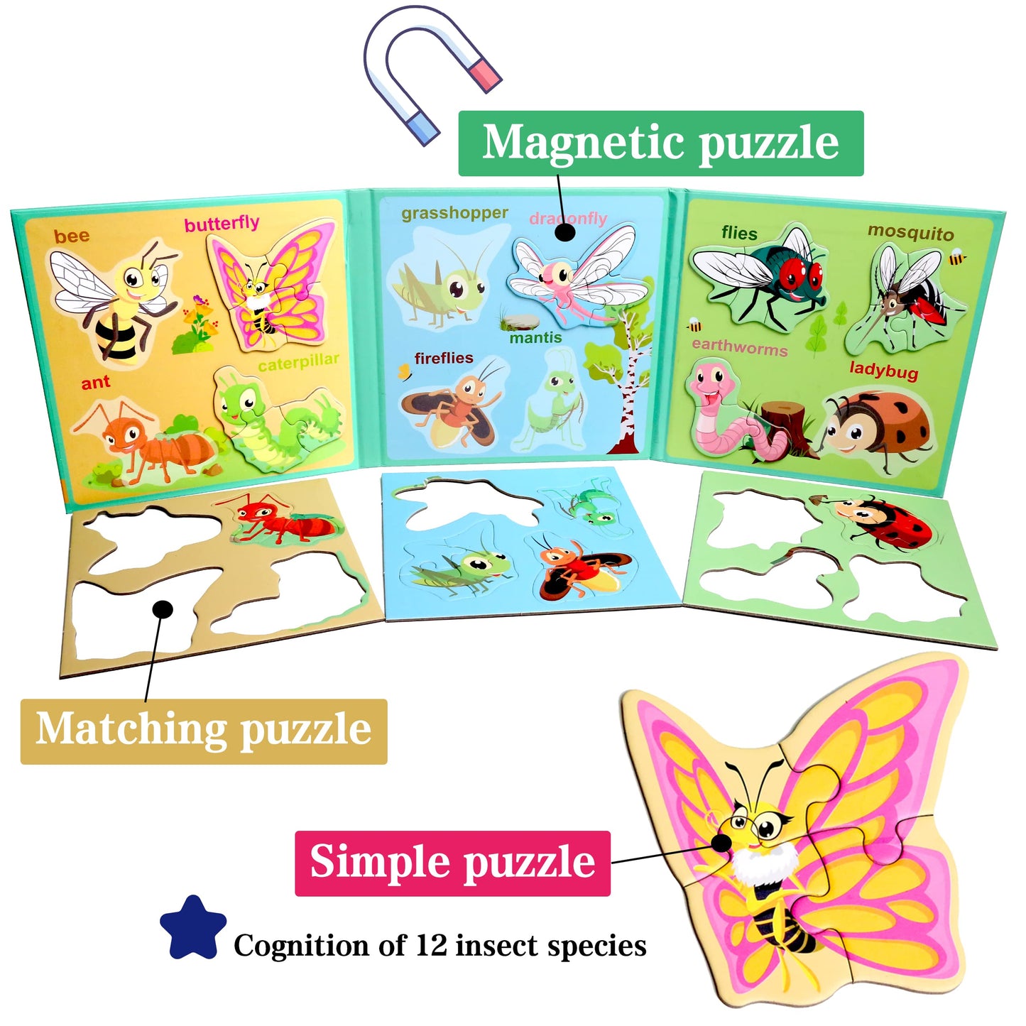 Magnetic Puzzles For Kids Ages 1-3, Travel Toddler Puzzles Ages 2-4 Year, Insect Activities Toy For Boys & Girls 3-5 Yo - Learni