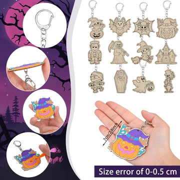 Trnayi 24 Sets Halloween Party Favors Gift Color Your Own Ghost Pumpkin Spider Witch Bat Unfinished Wooden Keychains DIY Crafts