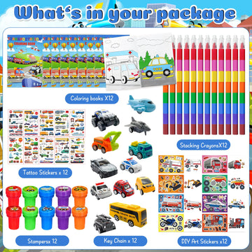 Cinrobiye 72 Pcs Transportation Party Favors Set, Vehicle Car Coloring Books Crayons Tattoos Stickers Stampers,Birthday Supplies