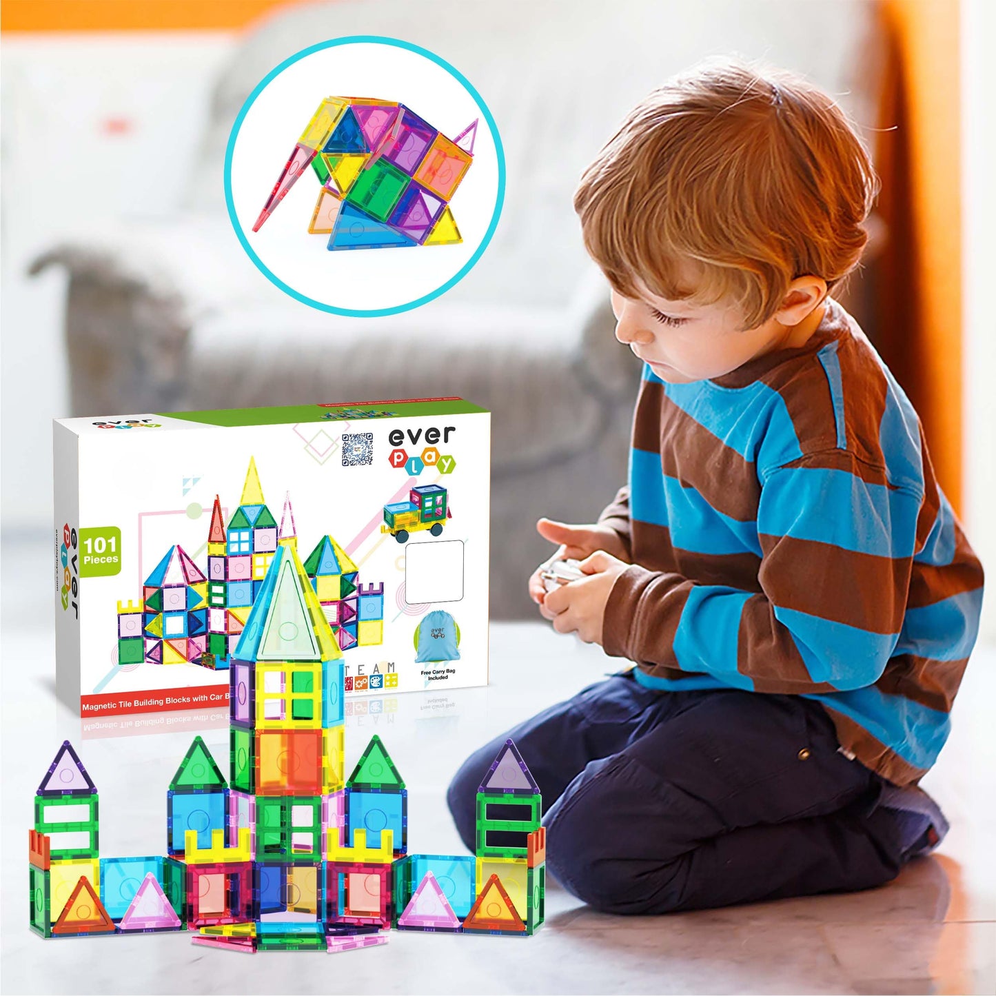 Everplay 101pc Magnet Tile Building Blocks with Car Base Drawstring Carry Bag Magnetic Construction Playset Early Childhood Play