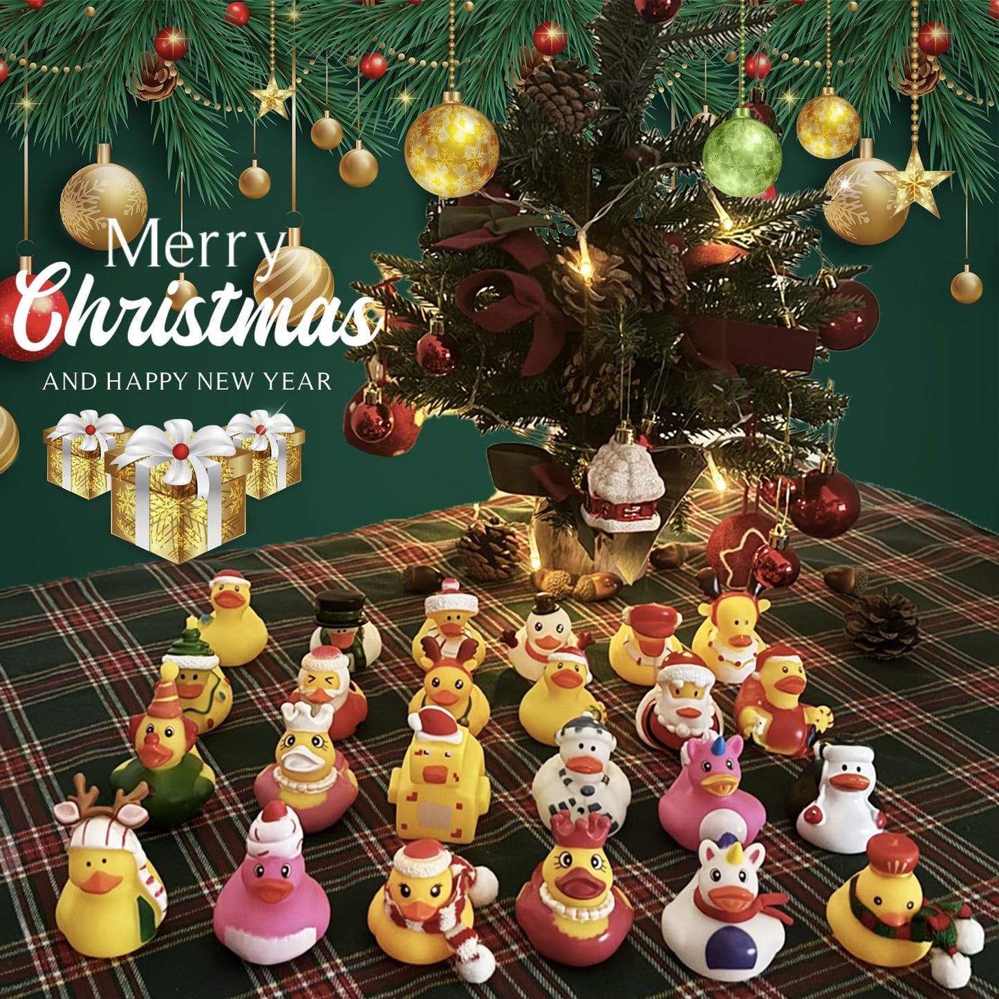 Sqzuwti 24 Pack Christmas Rubber Ducks Baby Showers Accessories Jeep Bath Toys For Kids Boys Girls Toddlers Christmas Party Favo