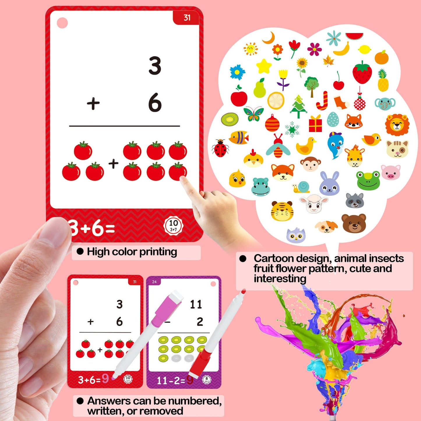220Cards, 424Pictures Educational Math Flash Cards, Addition Subtraction Multiplication Division Flash Cards, for 7,8,9,10,11Yea