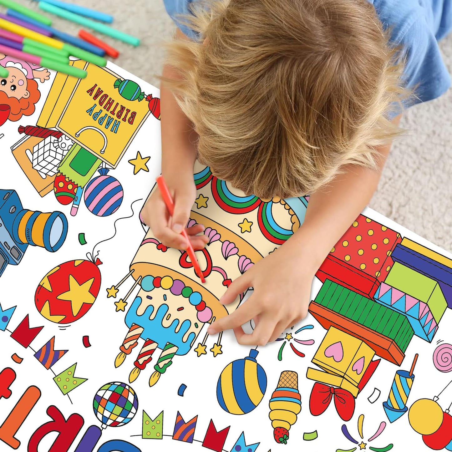 Happy Birthday Giant Coloring Poster For Kids 30X72 Inch, Birthday Large Coloring Poster Tablecloth, Birthday Themed Color-In Ac