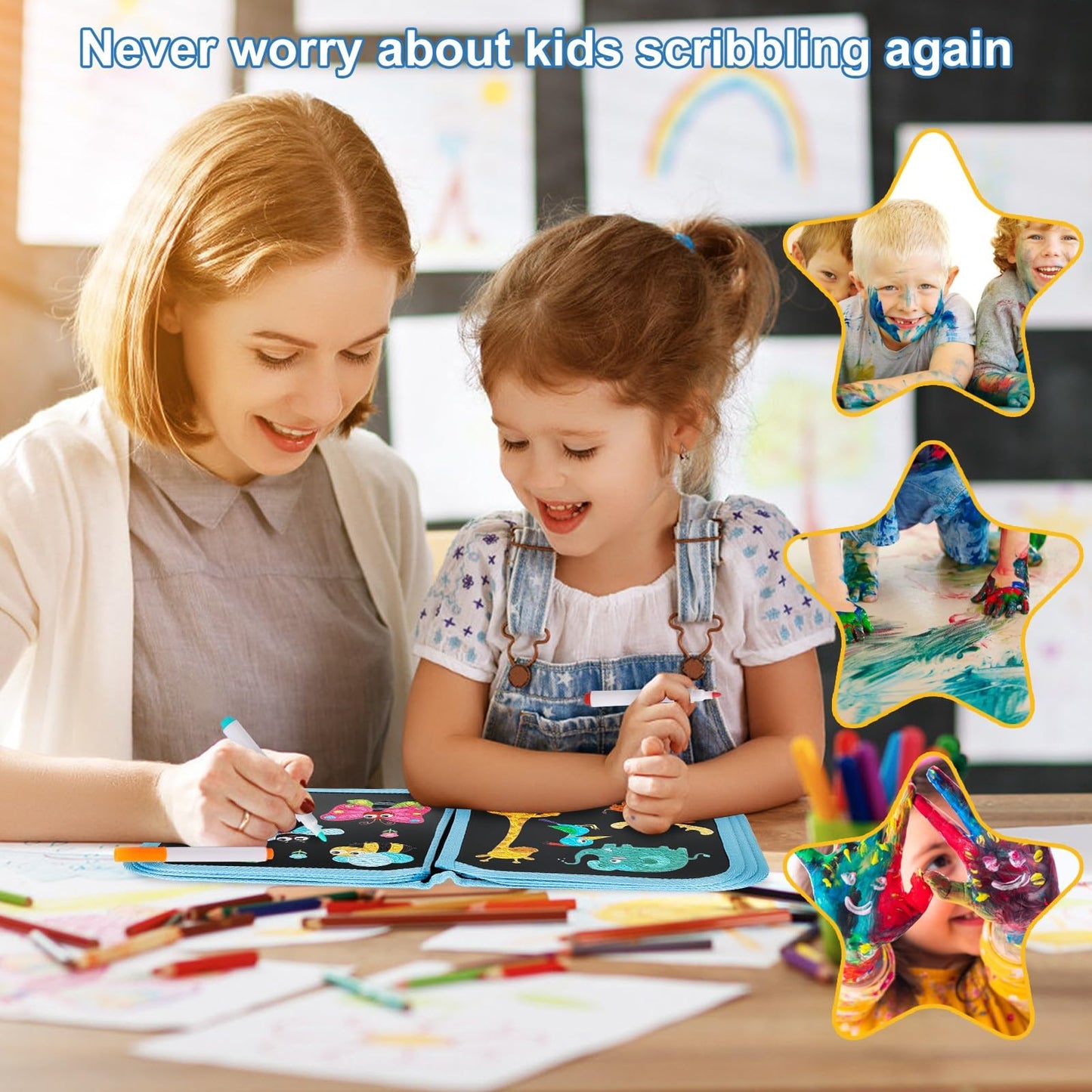 Erasable Doodle Set for Kids - Magic Drawing Book With 12 Watercolor Pens, 14 Page Reusable Book, Road Trip Car Game Writing Pai