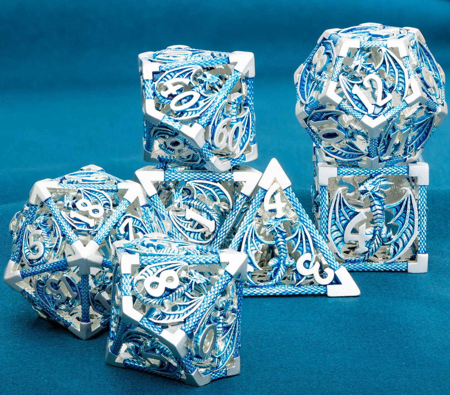 ARUOHHA Hollow DND Metal Dice Set 7 Pcs Blue D and D Dice for Dungeons and Dragons Role Playing Games D+D Polyhedral Dice RPG D&
