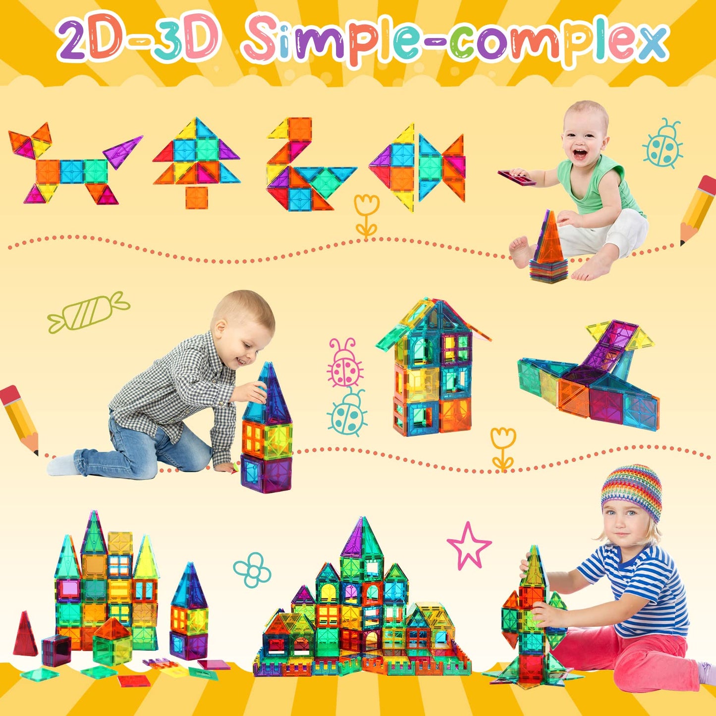 Fnjo Magnetic Tiles, 64 Pcs Magnetic Building Blocks, Magnets Building Set, Stem Toys For Kids Boys And Girls Creative And Inspi