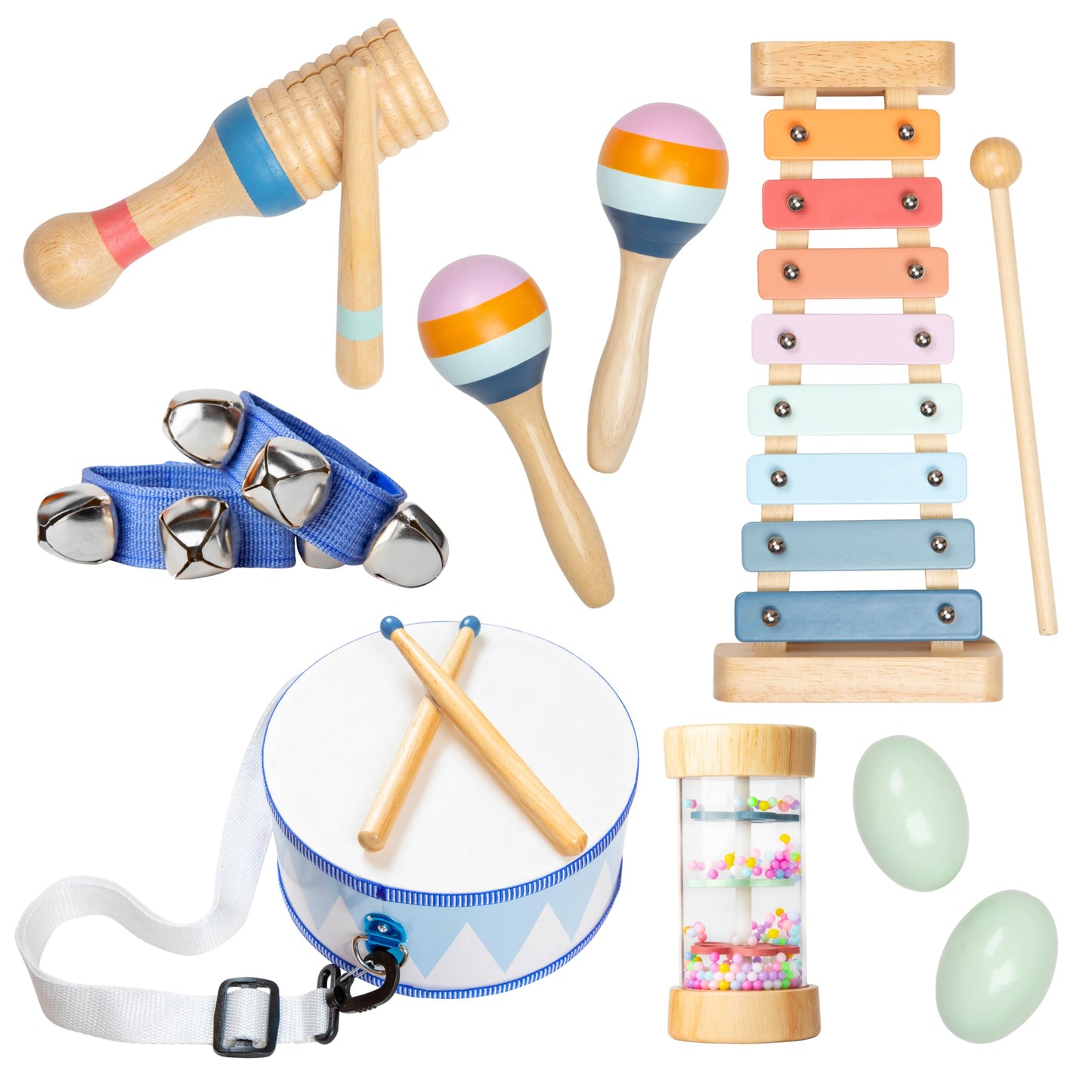 WYNNON Baby Wooden Musical Instruments Set -7 PCS Montessori Percussion Toys for Toddlers & Kids - Safe Natural Wood Waldorf Toy