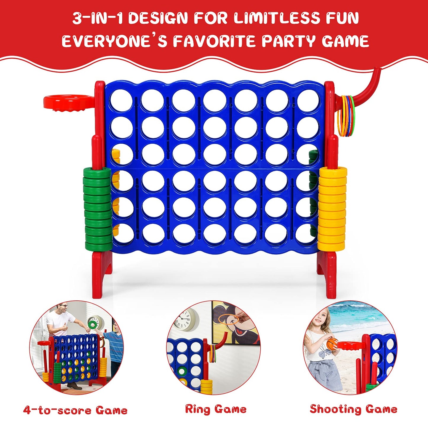 Costway Jumbo 4-To-Score Giant Game Set For Kids & Adults, 2.5Ft Indoor Outdoor Game Set With Basketball Hoop, Ring Game, 42 Jumbo Rings, Quick-Release Slider, Perfect For Holiday Party (Red)