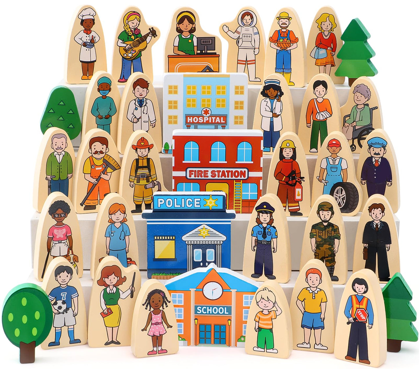 Atoylink 36Pcs Wooden Community Helpers Pretend Play Toys For Kids 3 4 5 6 Year Old, Little People Figures Wooden Blocks Occupations Dress Up Toddlers Preschool Learning Toys Boys Girls Birthday Gifts