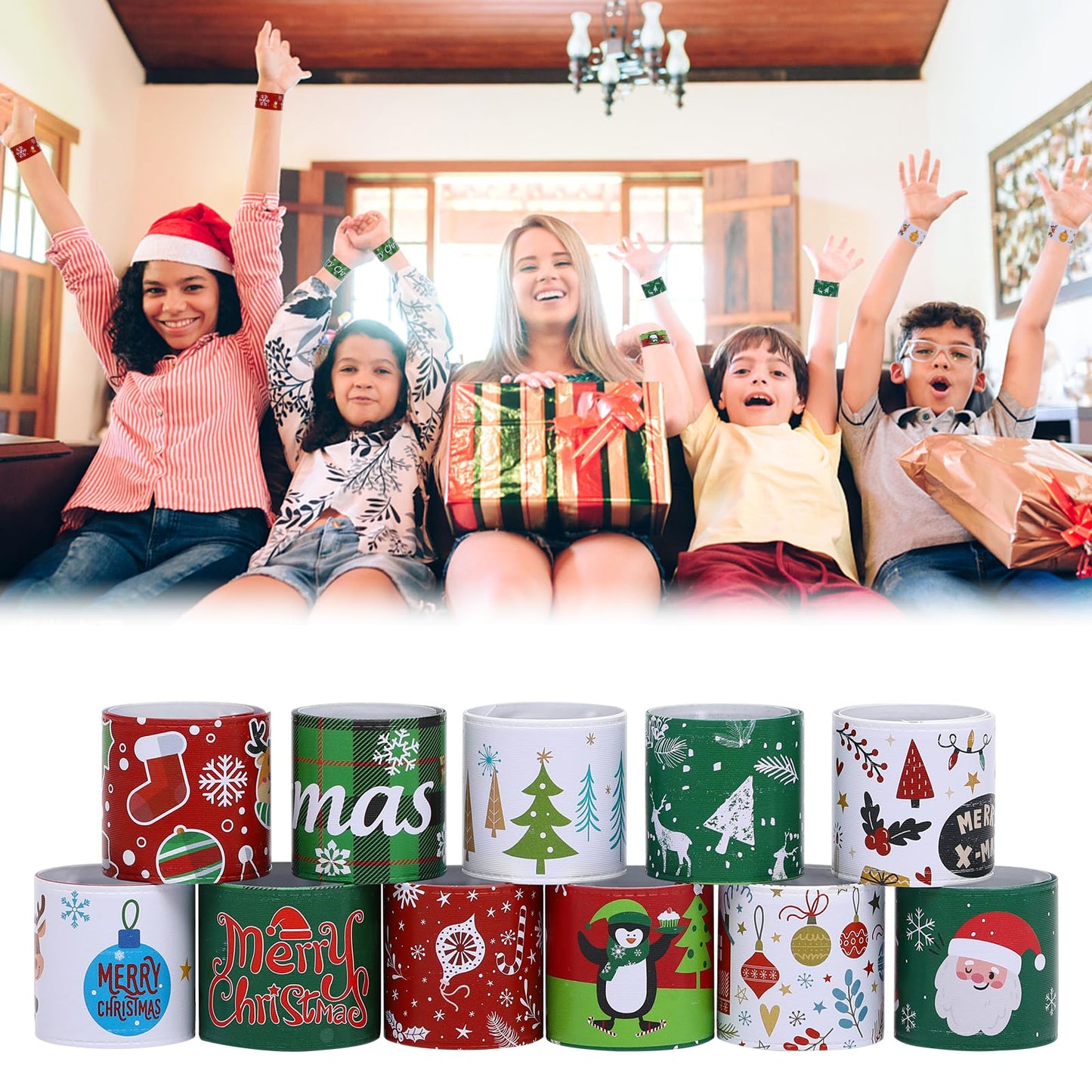 TAOVEN 48PCS Christmas Slap Bracelets, Xmas Slap for Christmas Party Favor Decoration (green,white,red)
