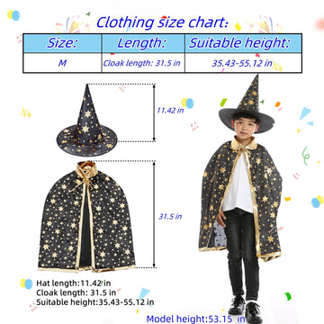 Newland Wizard Costume Kids,3-10 Years Wizard Cape And Hat,Kids Cloak Dress Up Party Supplies For Halloween Christmas Cosplay