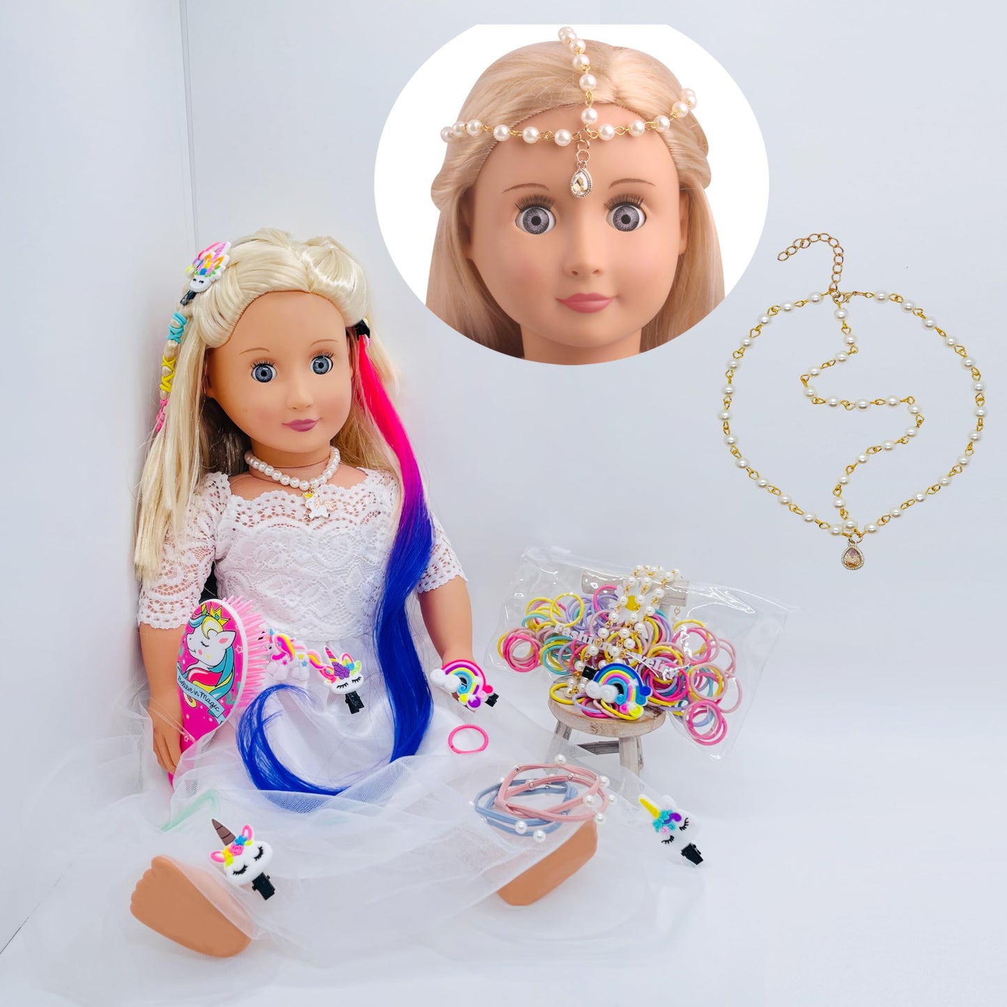 Saiburaz 18 Inch Doll Hair Accessories - Rainbow Unicorn Kit, Brush, Styling Set For Girls Gifts