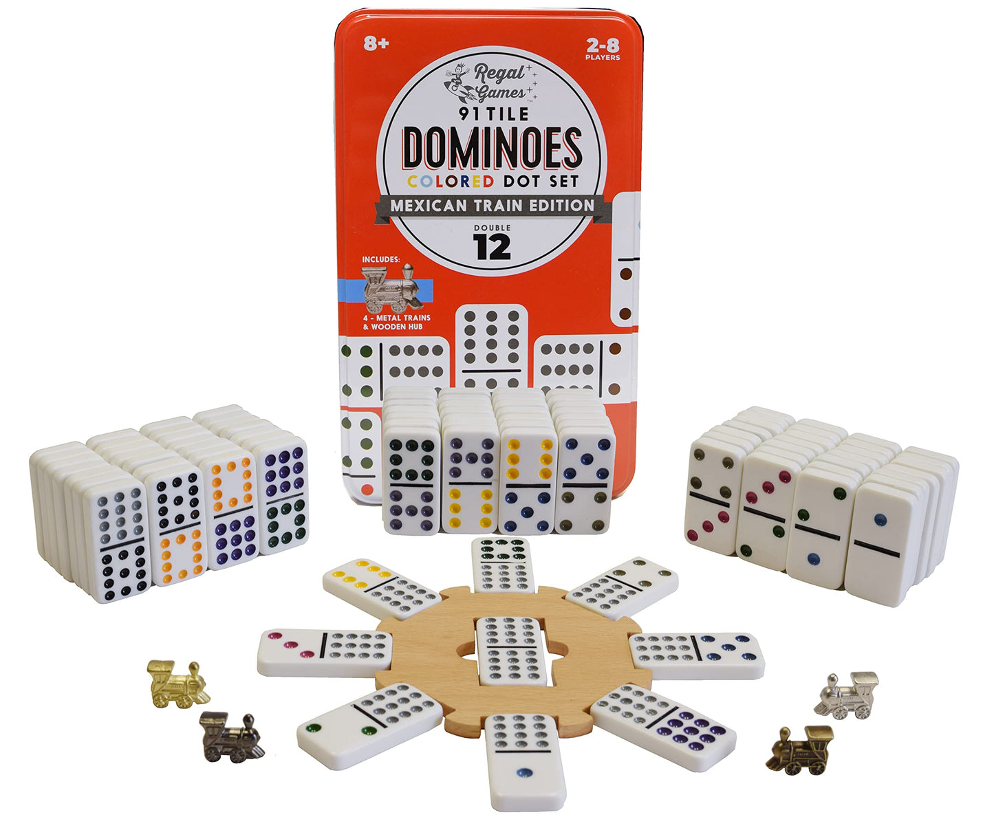 Regal Games - Mexican Train Dominoes Game Set - Double 15 Colored Dot Dominoes - 8 Metal Trains, 136 Tiles, Wooden Hub, Collecto