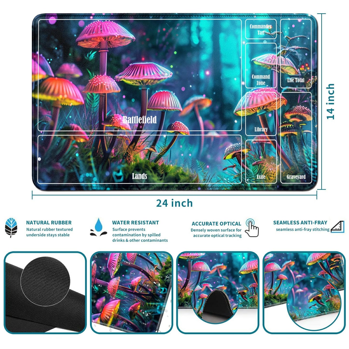 RWUTYTIUL Mushroom Forest Card Playmat - 24 X 14 Inch with Tube Bag, Card Gameplay Mat with Zones for Commander Deck MTG RPG CCG