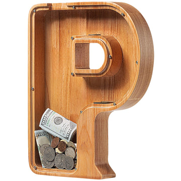 Piggy Bank For Kids Boys Girls, Large Personalized Wooden Letter Piggy Bank With Cut-Out Design, Alphabet Letter Coin Banks, Money Savings Box, Wooden Bank For Kids Creative Gift For Real-Money(P)