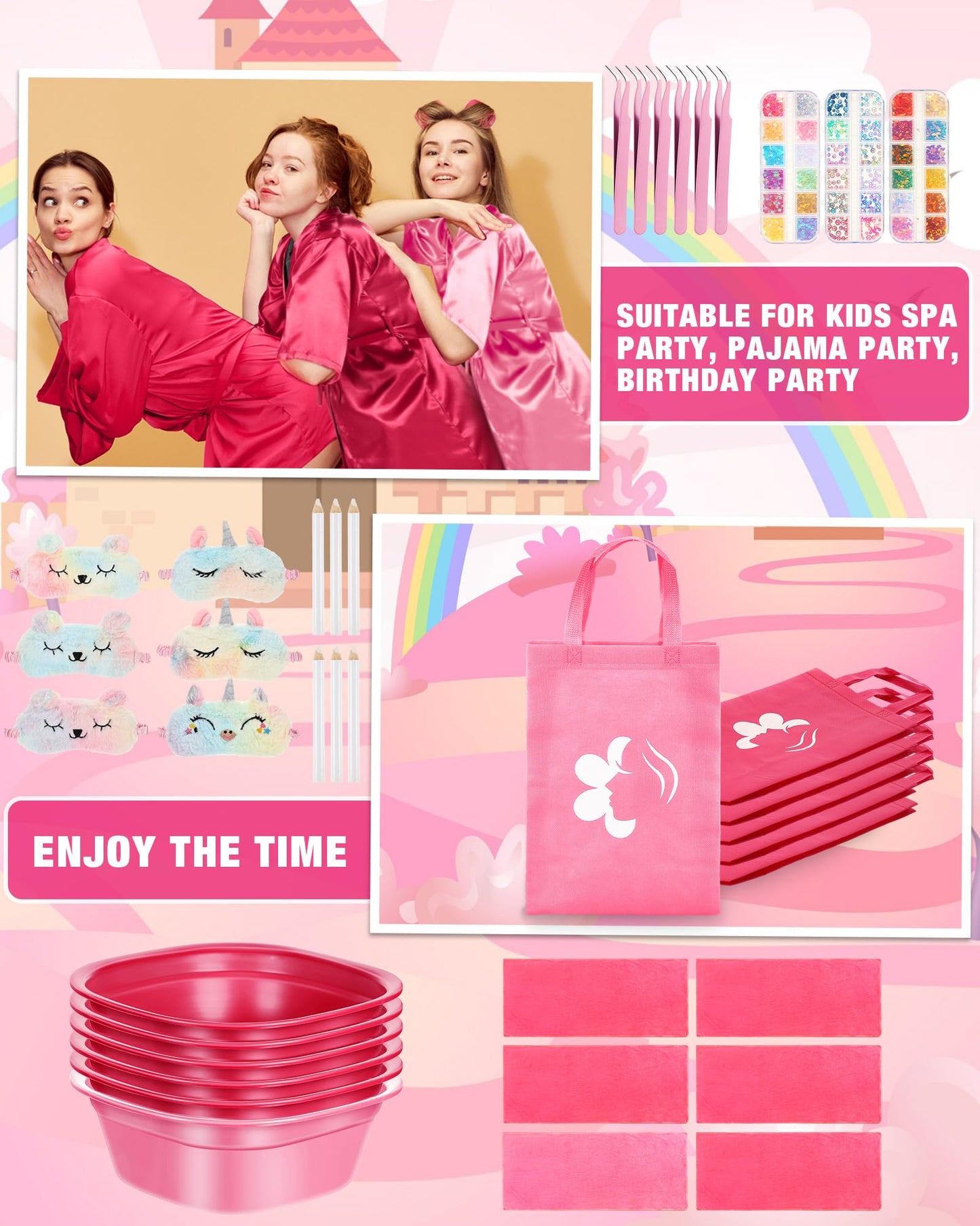 Suhine 6 Set Spa Party Supplies For Girls, Kids Satin Robes Nail Salon Kit Spa Kit Accessories For Birthday Party Favors (Cute C