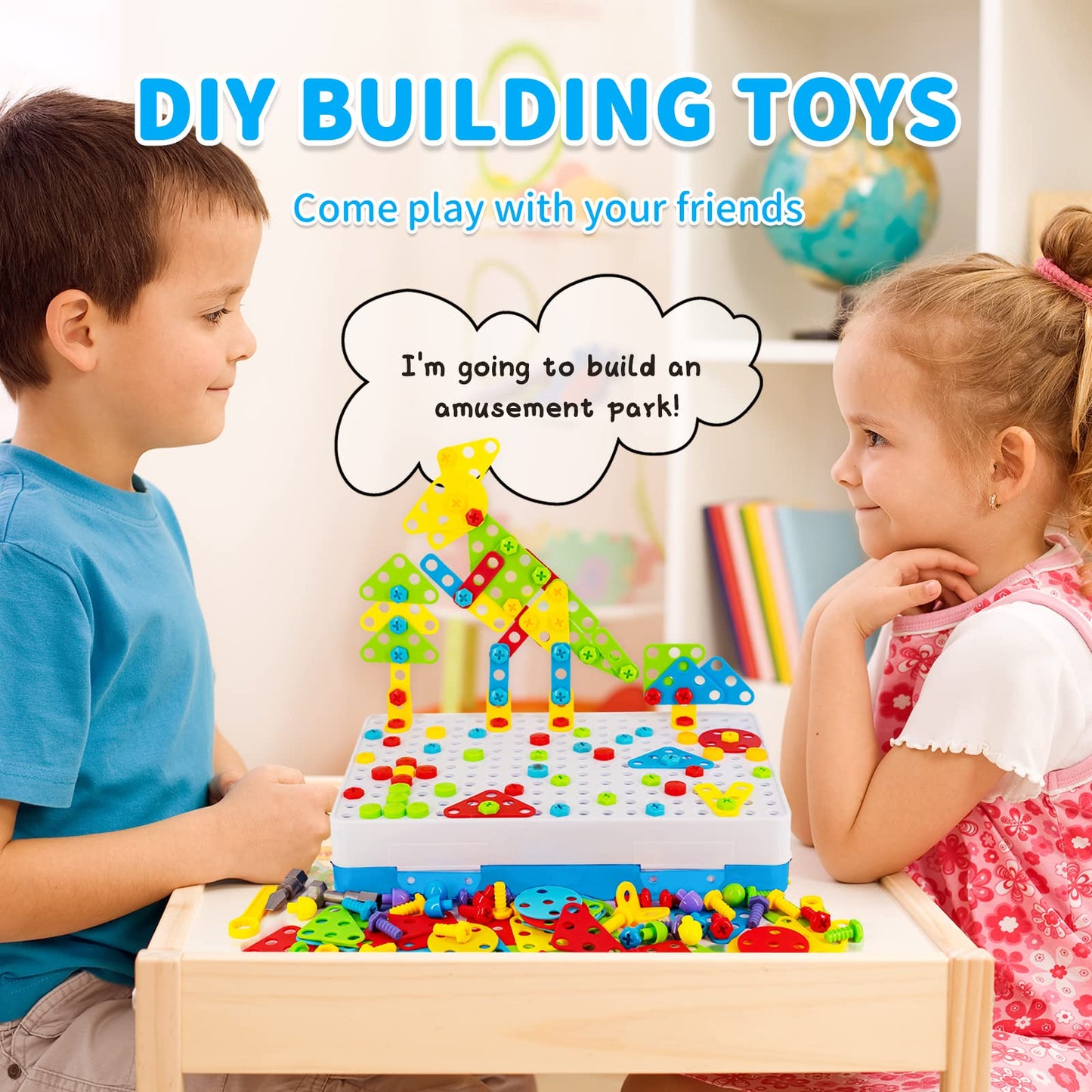 Creativity Tool Box with Drill Screwdriver Toy Set, STEM Building Toys for Kids 3+ Year Old, Creative Building Blocks Pegboard K