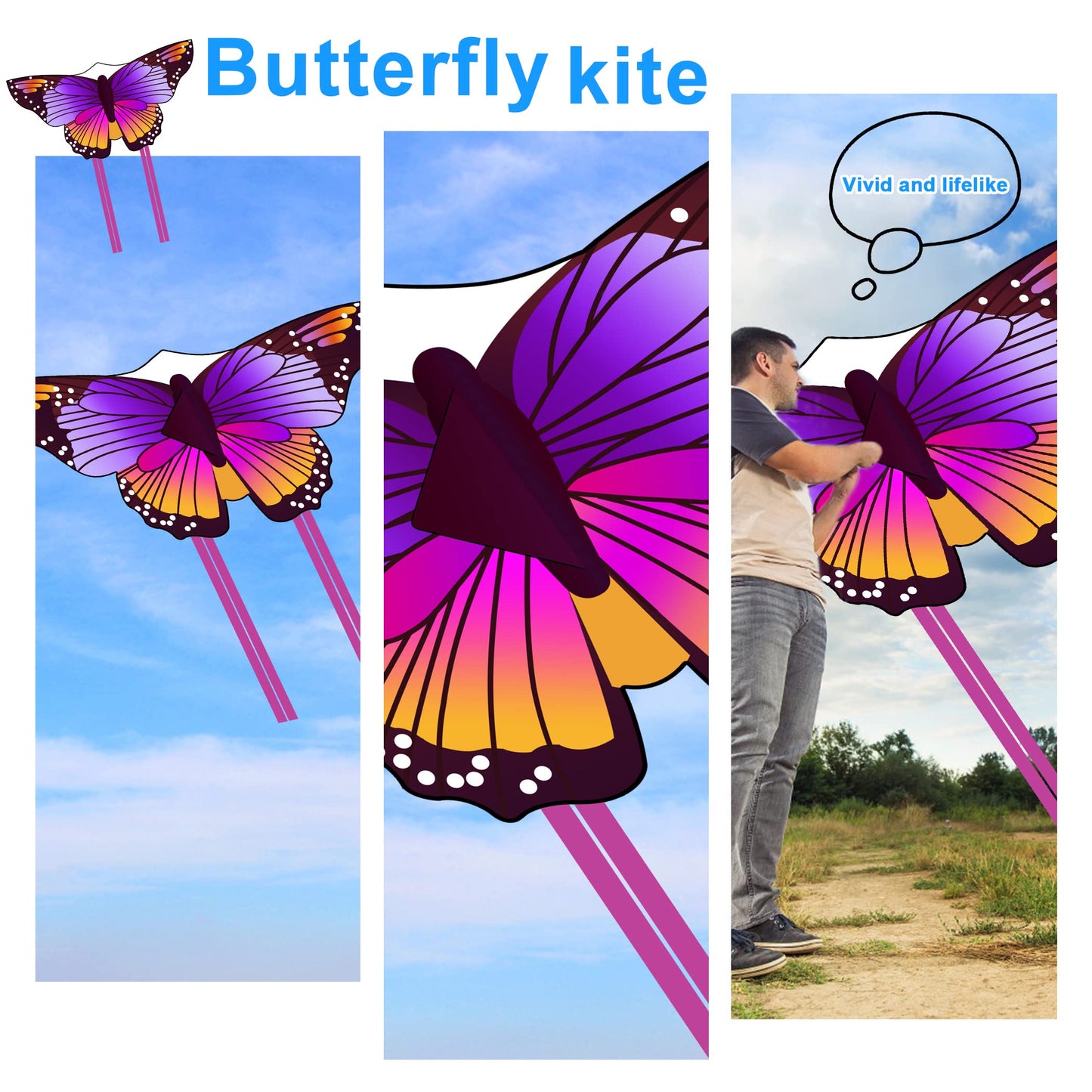 3 Pack Large Kites - Butterfly Delta Dragonfly Kites Easy To Fly For Adults Kids Beach Park Outdoor Game Activities, Gifts For E