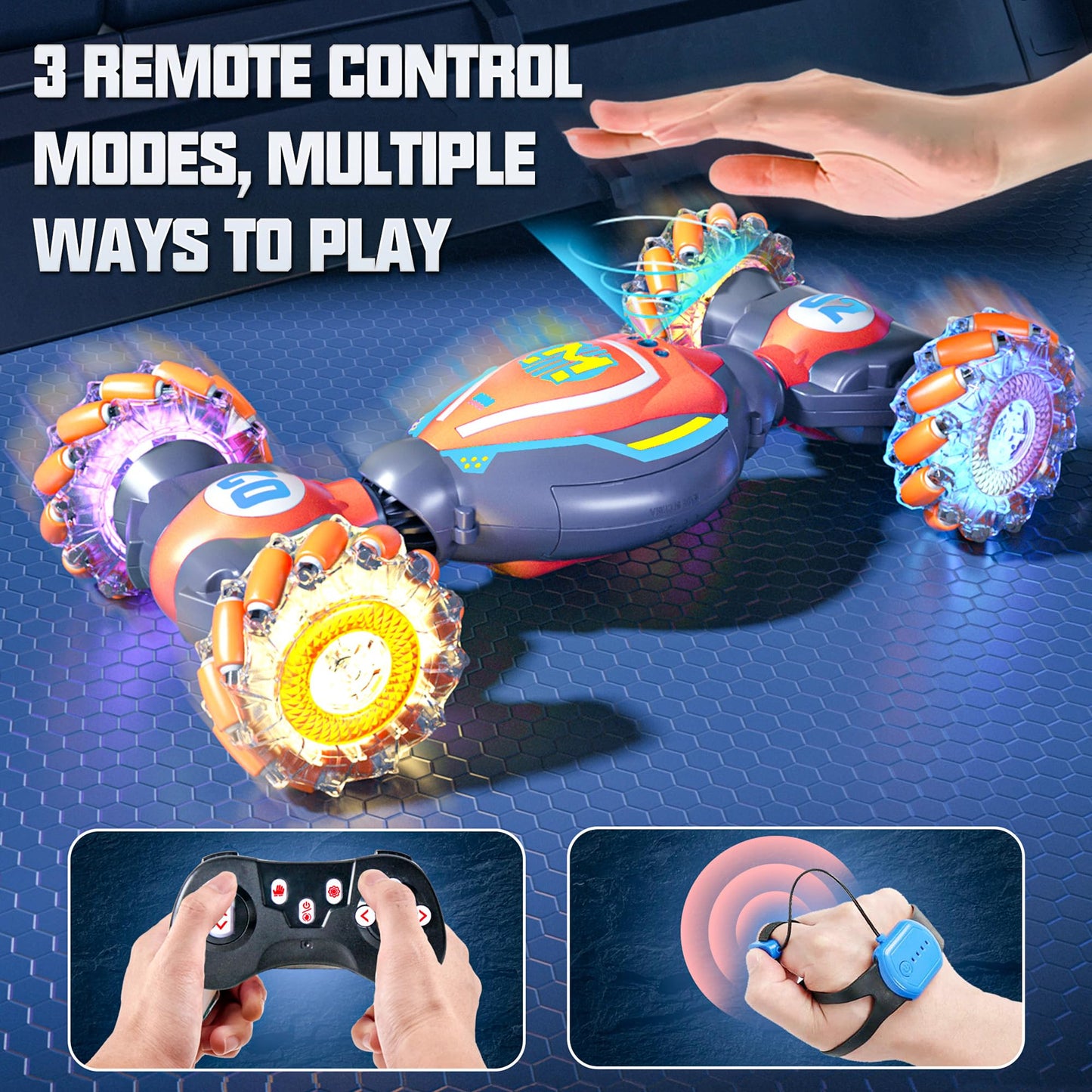 Bezgar Remote Control Car - Gesture Sensing Rc Stunt Car With 3 Sensor Modes, Lights & Music, 4Wd All Terrain Hand Controlled Rc