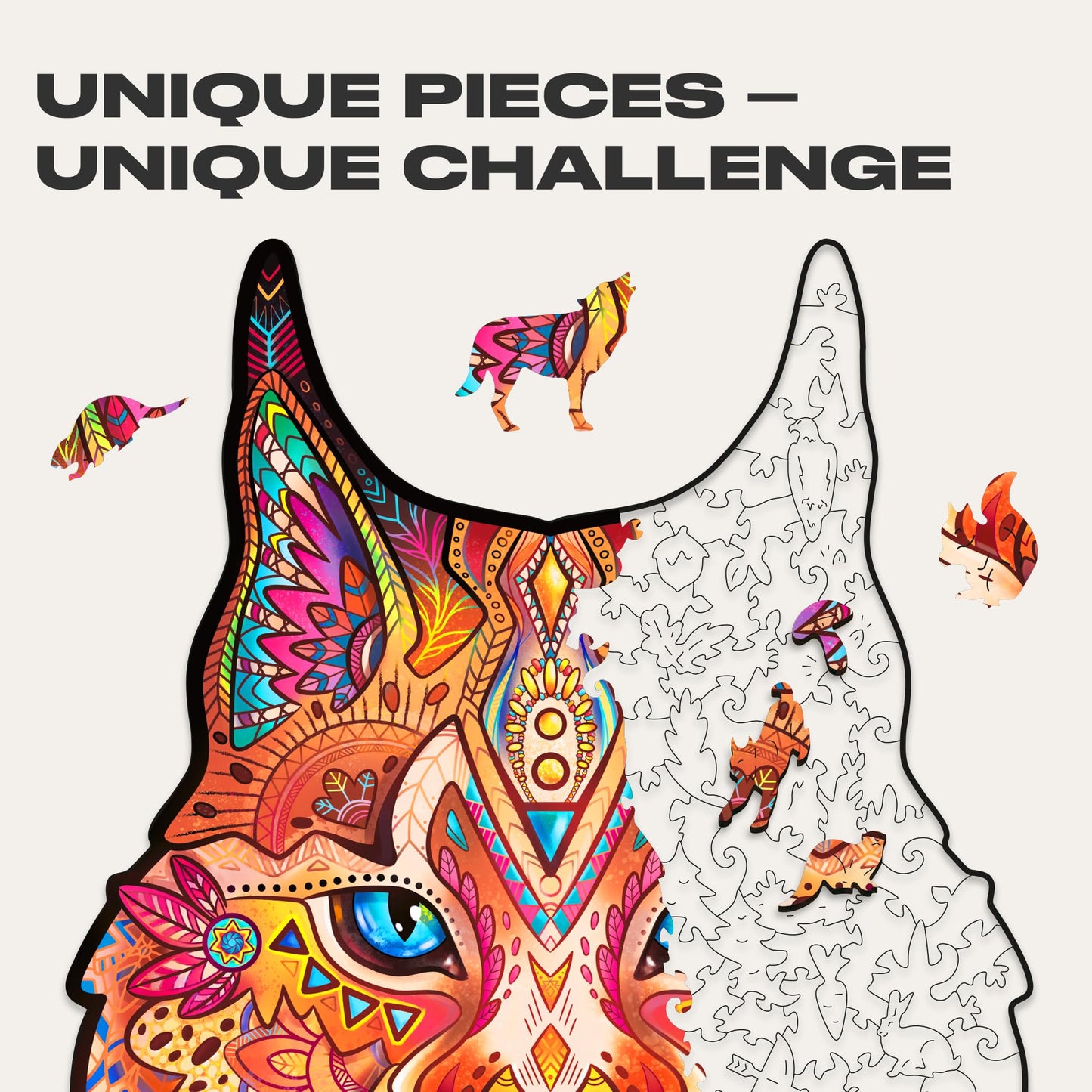 Unidragon Original Wooden Jigsaw Puzzles - Gentle Lynx, 297 Pcs, King Size 10.6'X16.1', Beautiful Gift Package, Unique Shape Best Gift For Adults And Kids