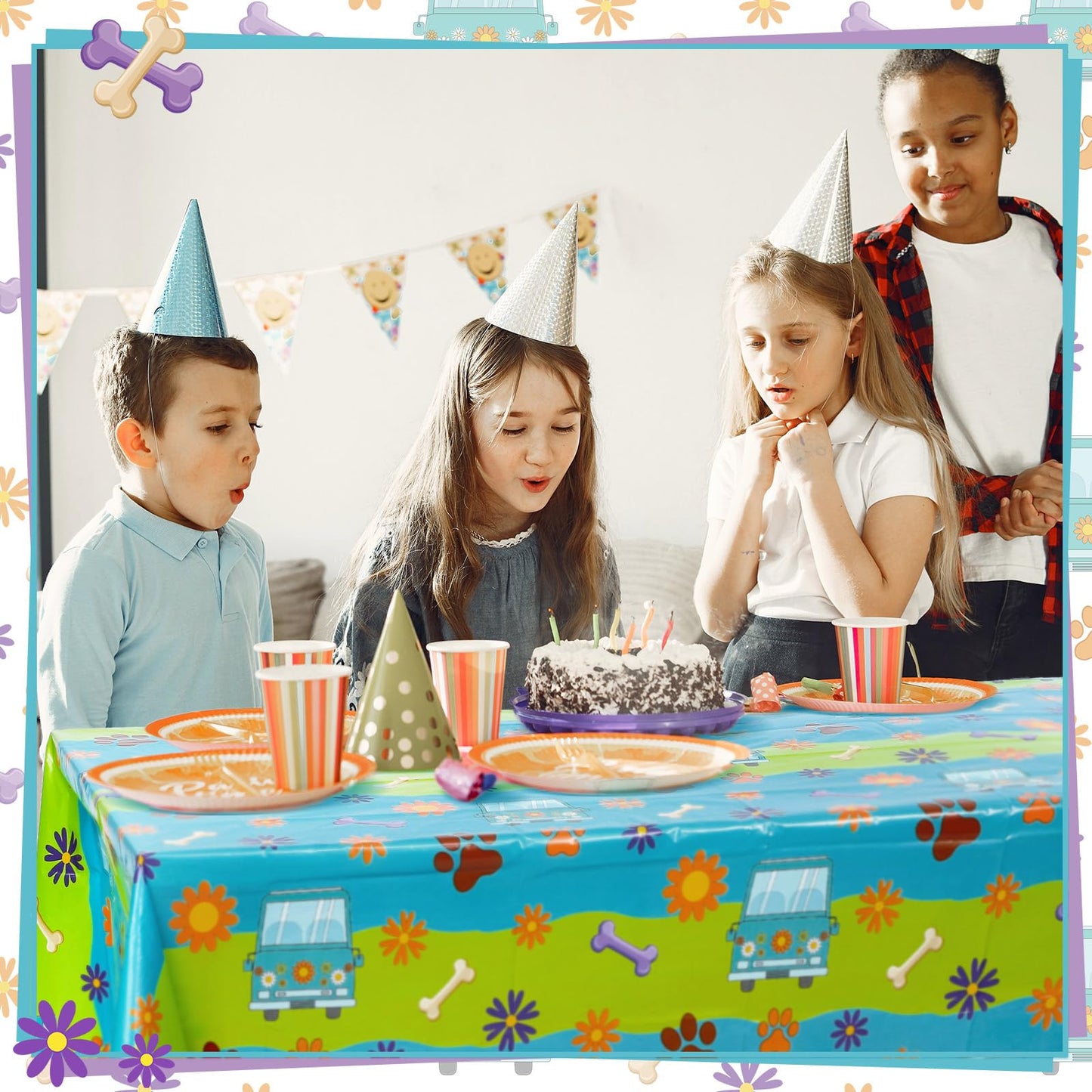 MotiMind 4 Pcs Mysterious Dog Party Supplies Christmas Cartoon Car Hippie Tablecloth Disposable Paw Table Cover Waterproof Daisy