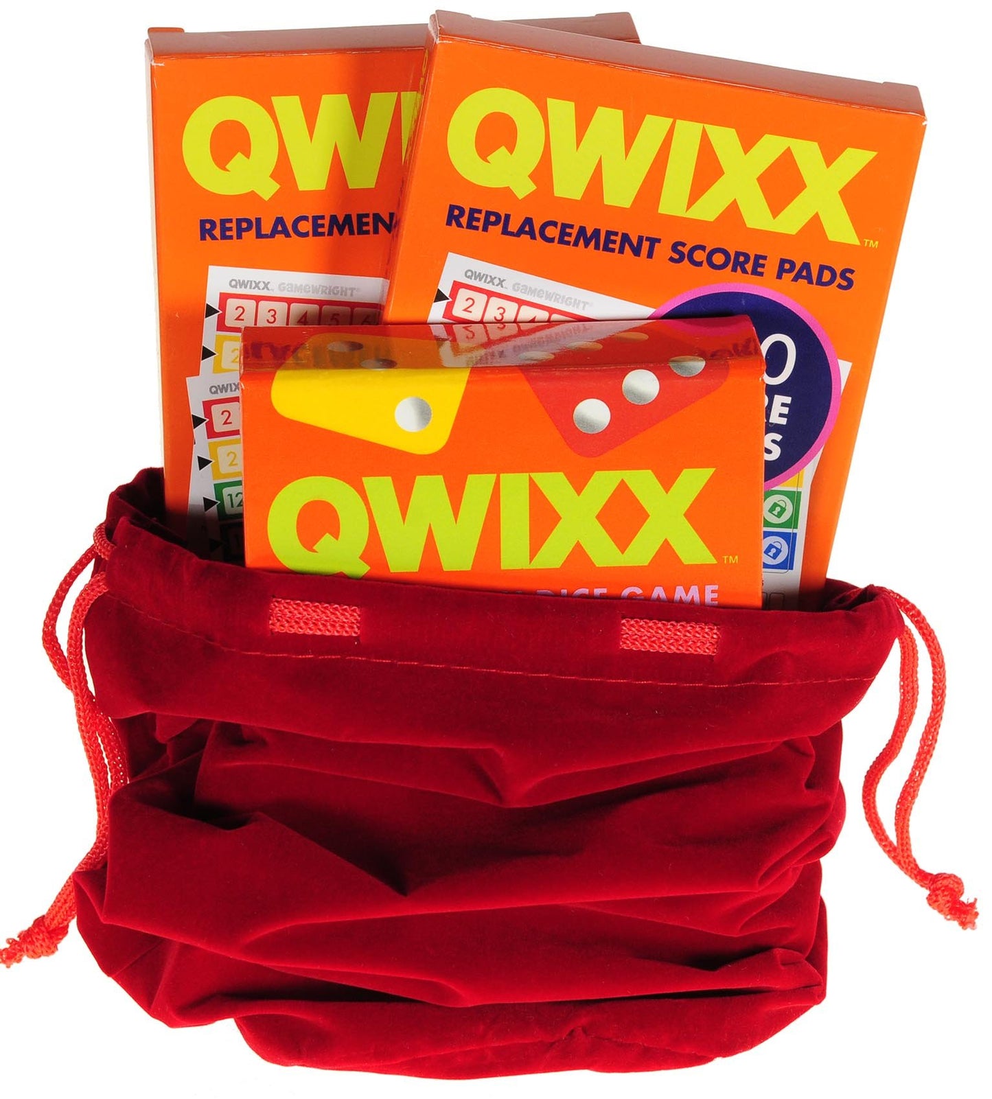 Deluxe Games And Puzzles Qwixx Dice Game, 2 Replacement Scoresheet Packs, Red Velvet Drawstring Pouch, Bundled Items