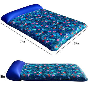 FindUWill Ultra Comfort Pool Float Raft - 77" Inflatable Lounger for 2, Twin XL, Monstera Blue, Nylon Mattress with Pillow