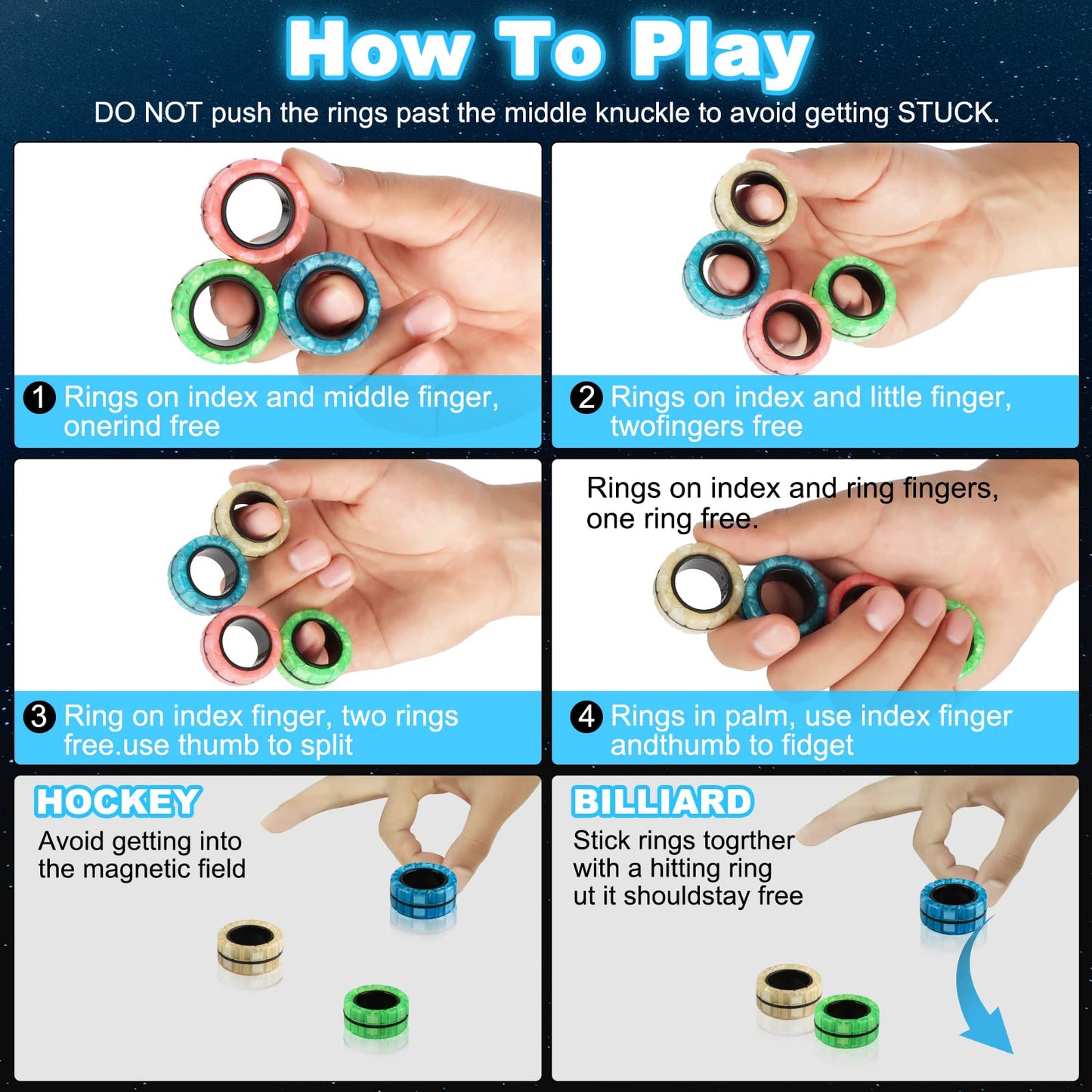Yishidany Magnetic Rings Finger Fidget Toys Set, 12Pcs Glow In The Dark Magnets Rings For Training Relieves Autism Anxiety, Magical Fingears Rings For Adhd, Great Idea Gift For Adults Teens Kids