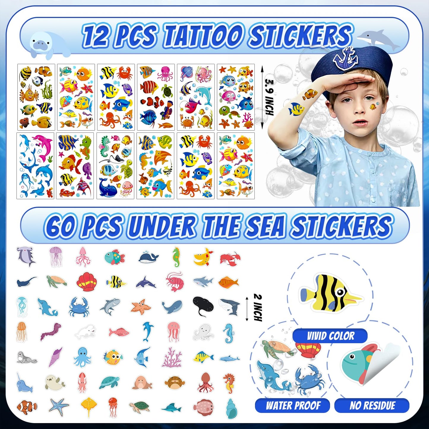 Joyvorite 144 Pcs Under the Sea Party Favors Set with Keychains Slap Bracelet Scratch Art Tattoo Stickers Wristbands Treat Boxes