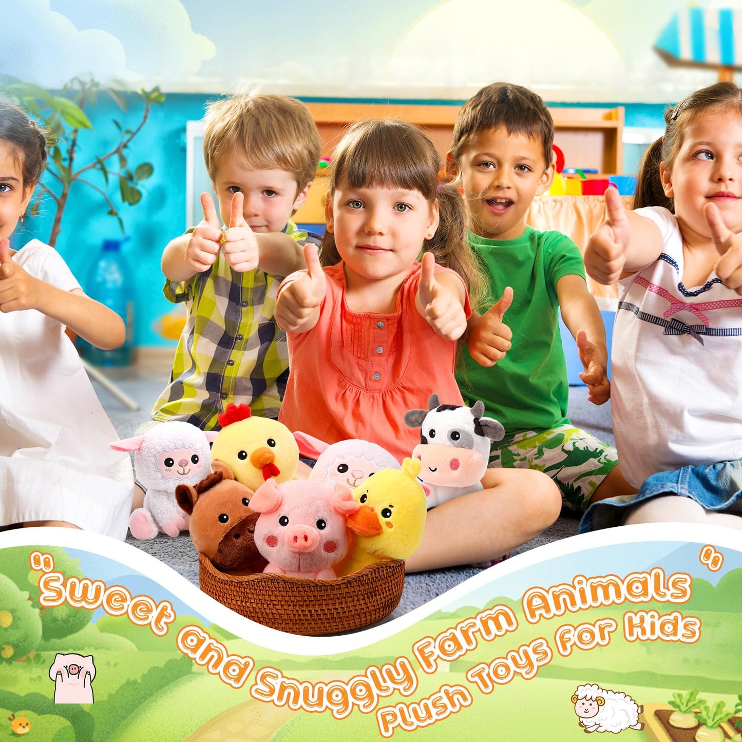 Roundfunny 6 Pcs 7 Inch Farm Animal Cute Plush Toys Set Horse Sheep Cow Duck Chick And Pig Stuffed Animals Gifts For Baby Shower