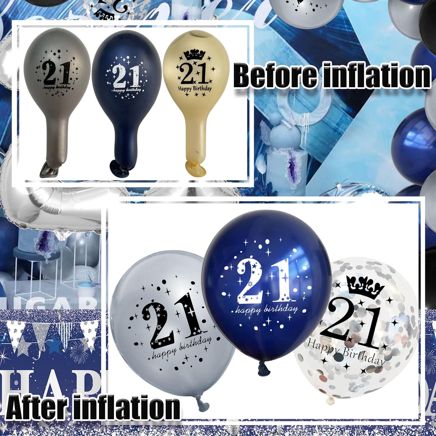 UniBirthLon 18Pcs 21st Birthday Balloons Set, Navy Blue & Silver, Rubber Latex, Confetti Decorations for Men & Women Party Decor