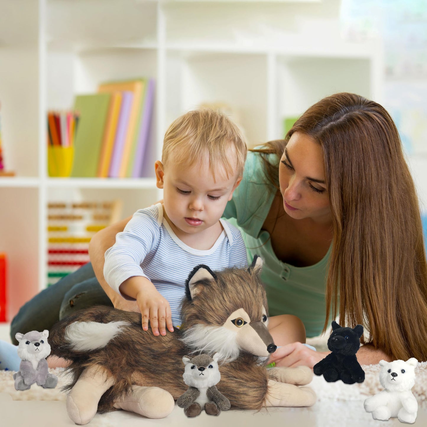 5Pcs Wolf Stuffed Animal Plush Wolf Toys Inside 16 Inch Mommy Wolf Plush With 4 Cute Baby Wolves In Her Zippered Tummy Soft Wolf