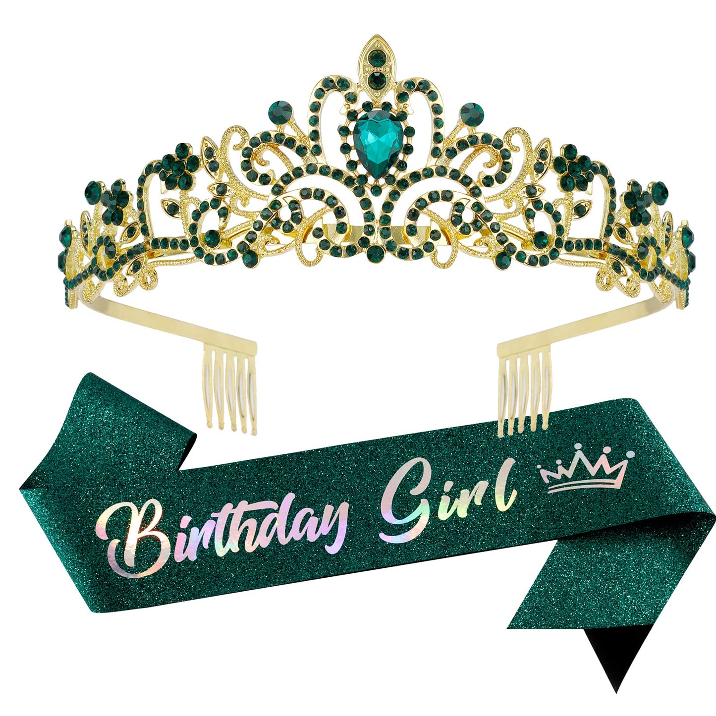 Velscrun Birthday Crown For Girls, Birthday Girl Sash, Birthday Girl Tiara, Green Tiaras For Girls, Birthday Sash For Girls, Bir